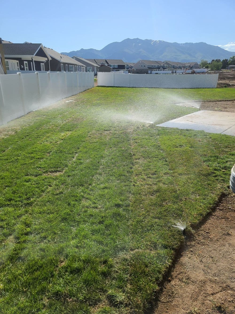Lush green lawn being watered with mountain backdrop and residential homes nearby.